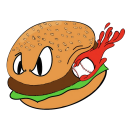 Beef Sliders Logo - A flying hamburger with a baseball and ketchup trailing from his mouth.