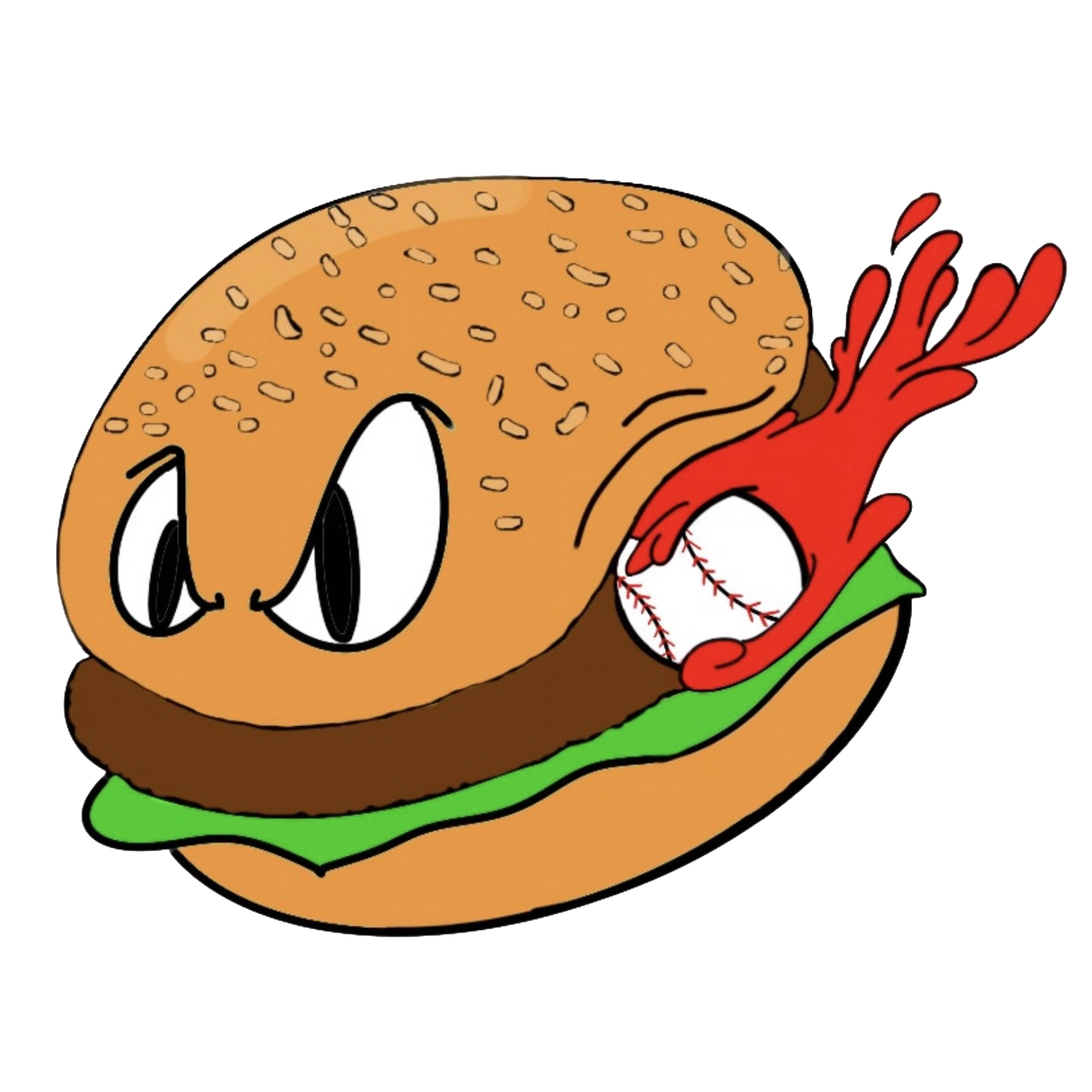 Beef Sliders Logo - A flying hamburger with a baseball and ketchup trailing from his mouth.