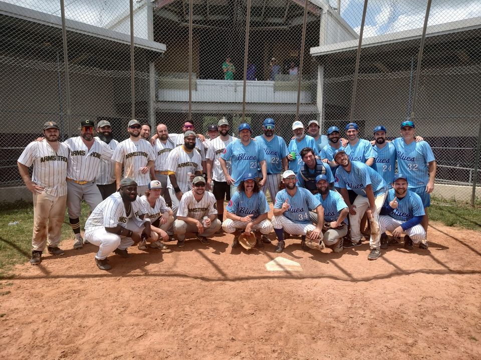 Bayou St. John Blues and Secret 9 Pose Together after the People's Baseball League Spring 2023 Championship Game at Larry Gilbert Stadium