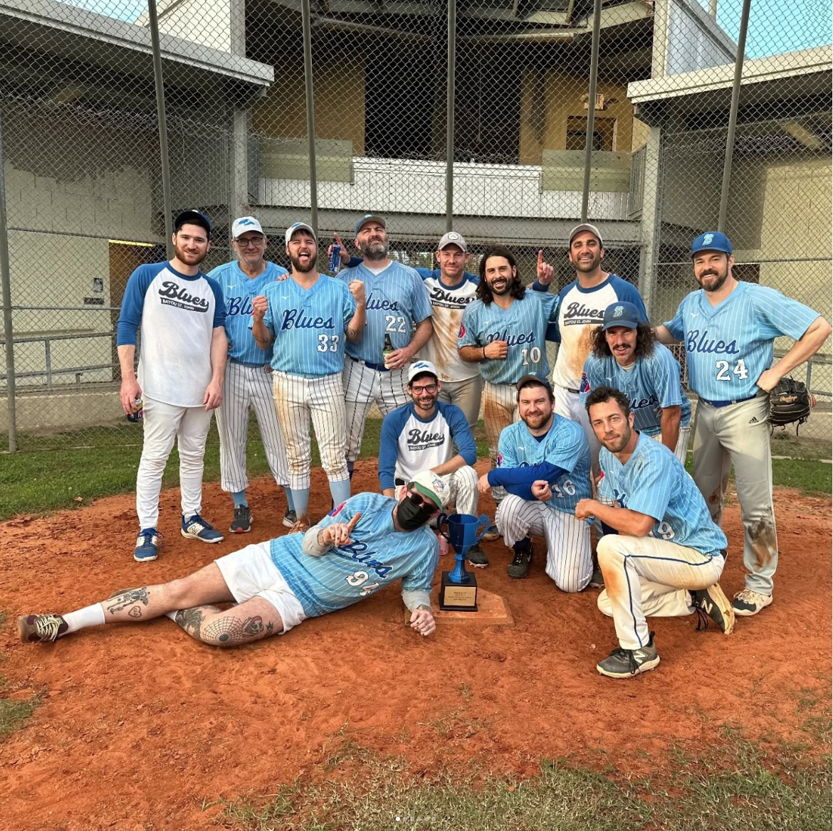 A picture of the Bayou St. John Blues baseball Team after winning the People's Baseball League Fall 2025 Championship