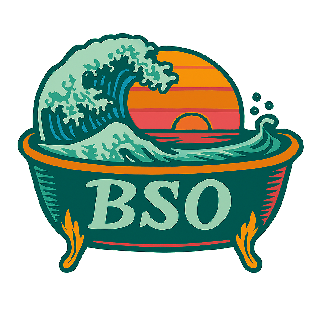 The logo for the Basin Street Overflow. A bathtub with wave crashing inside of it with a sunset in the distance