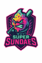 Super Sundaes Logo. A cartoon ice cream cone holding a baseball bat.