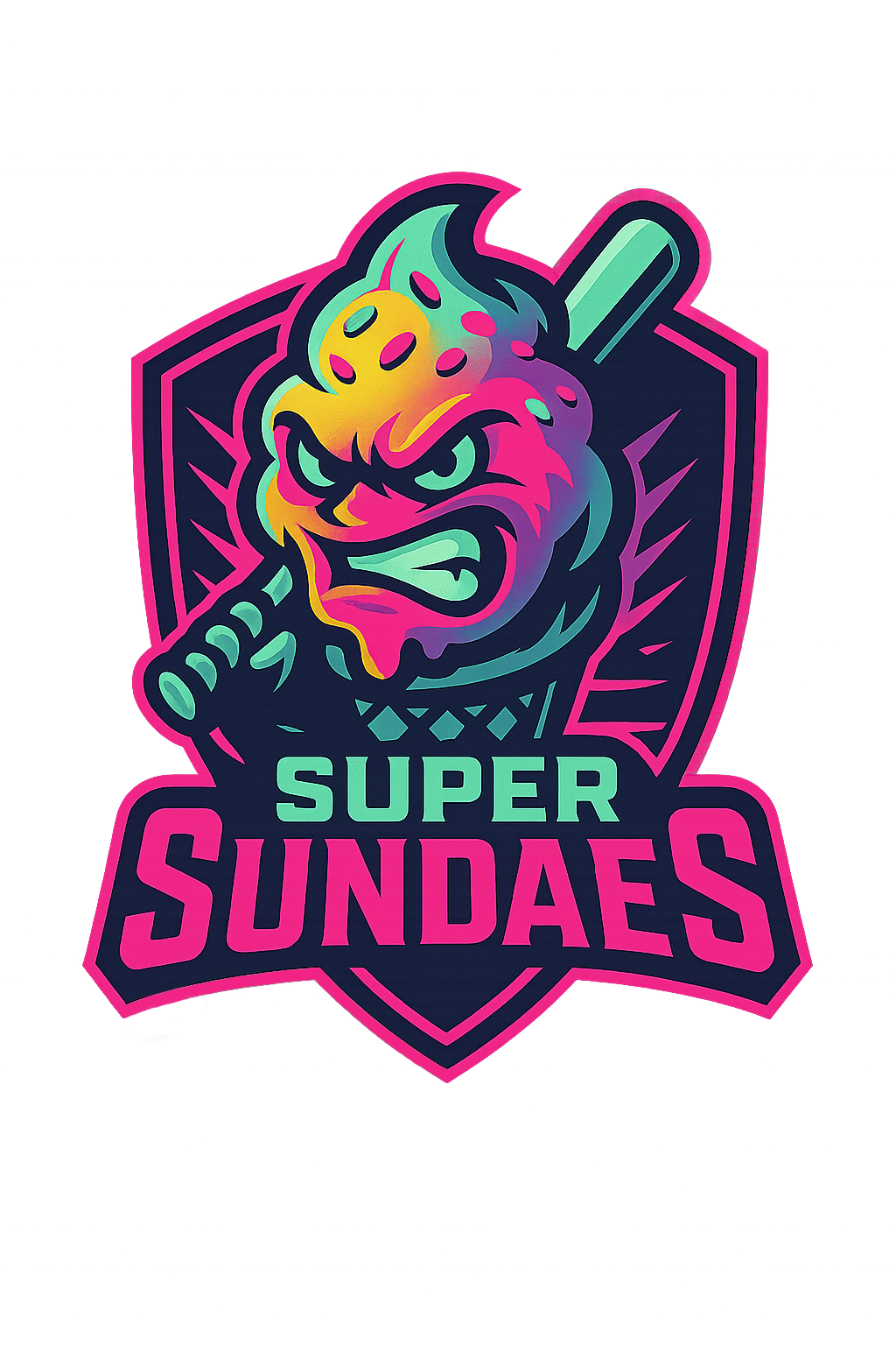 Super Sundaes Logo. A cartoon ice cream cone holding a baseball bat.